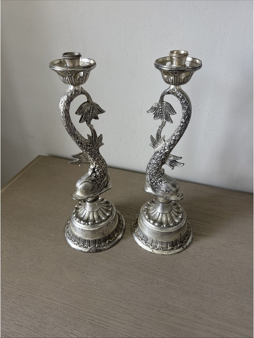 Hollywood Regency Style Silver Plated Dolphin Koi Fish Tall Candle Holders 16 in